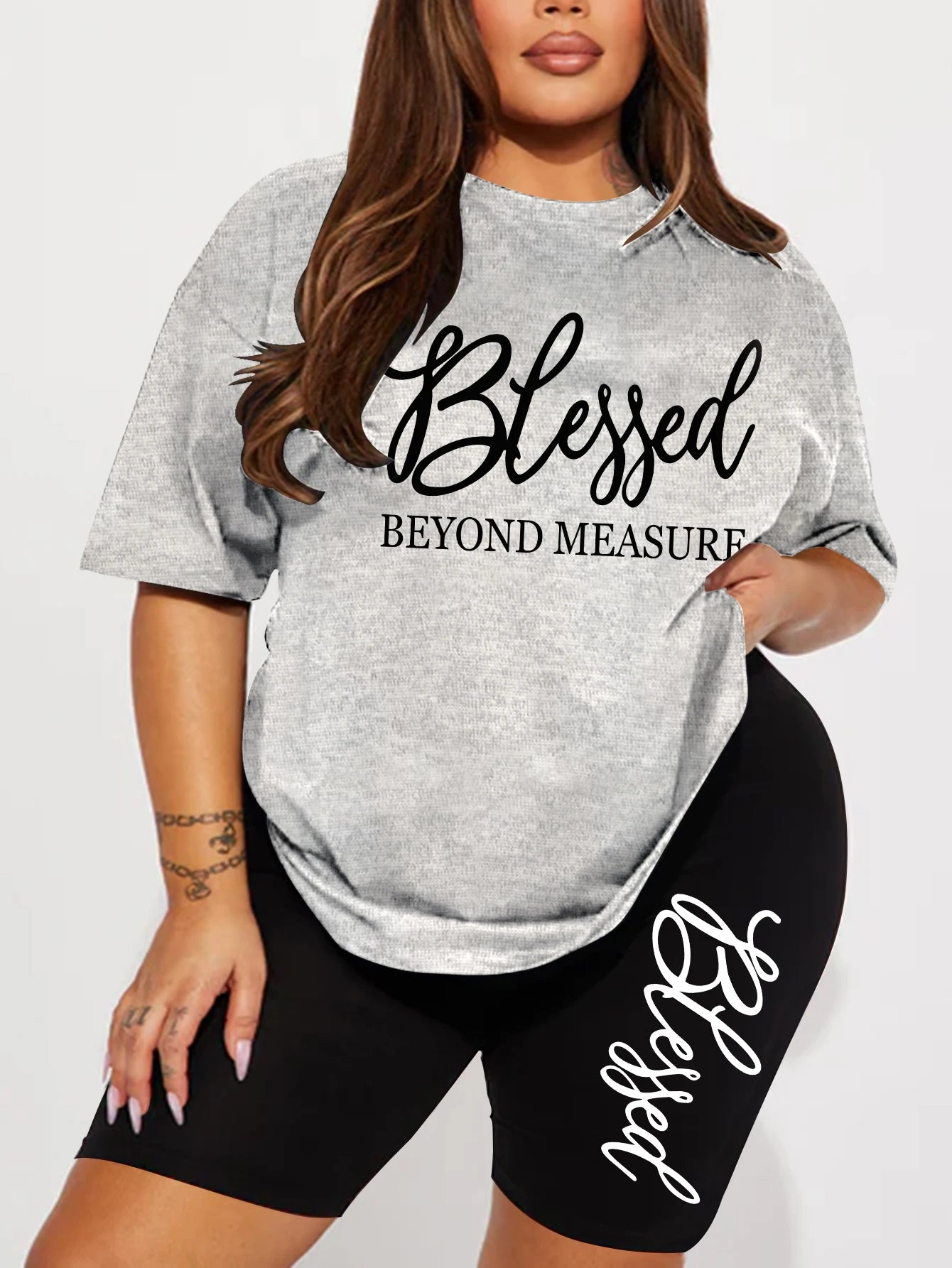 Plus Size Blessed Print Shorts Set