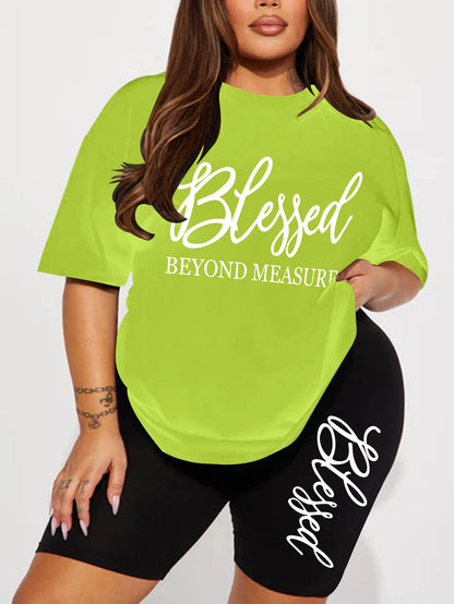 Plus Size Blessed Print Shorts Set